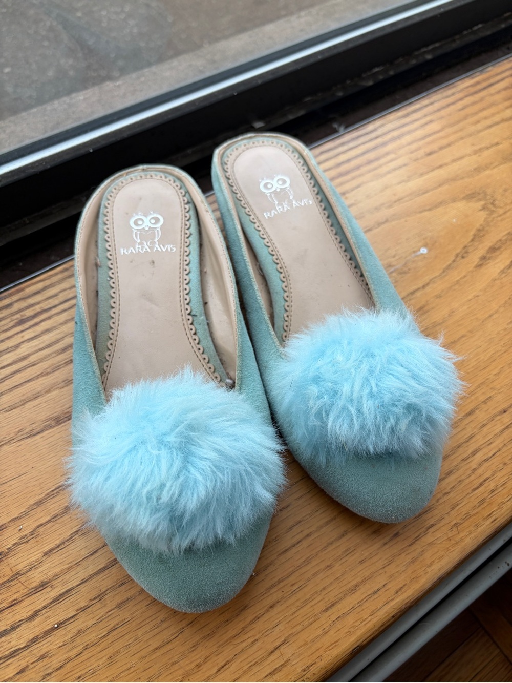 Rara Avis Light Blue Suede Pom-Pom Slip-On Mules